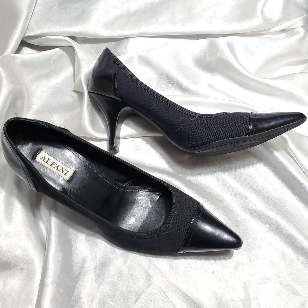 $$$ ALFANI black patent canvas classy pointy toe high heel pumps